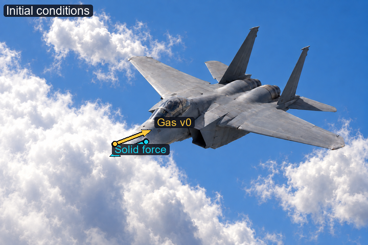 Projected solid force and/or gas initial velocity for Fighter jet and clouds
